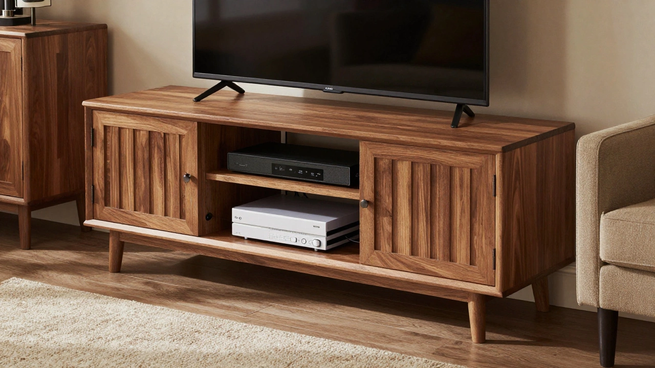 Wooden media console TV stand with hidden cables and storage