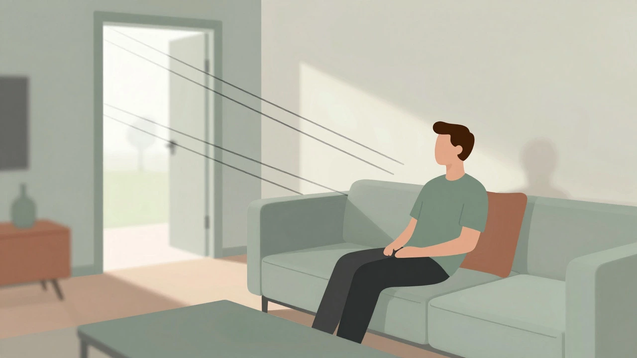 Abstract illustration of a person sitting in a sofa with a clear line of sight to the entrance