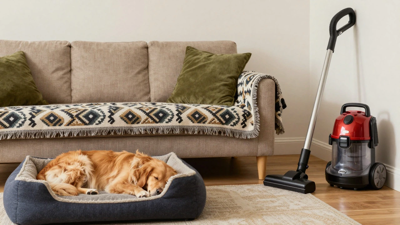 Beige sofa with protective throw blanket and dog on separate bed