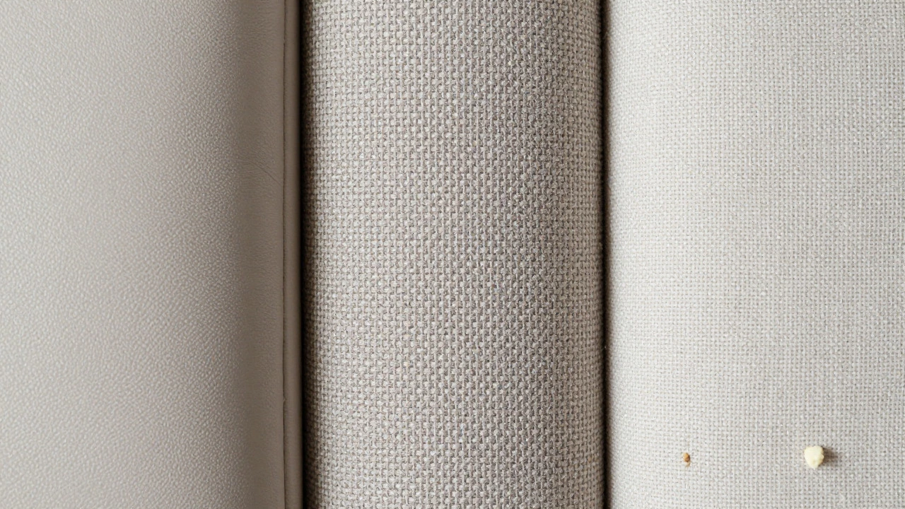 Close-up comparison of leather, performance fabric, and linen textures