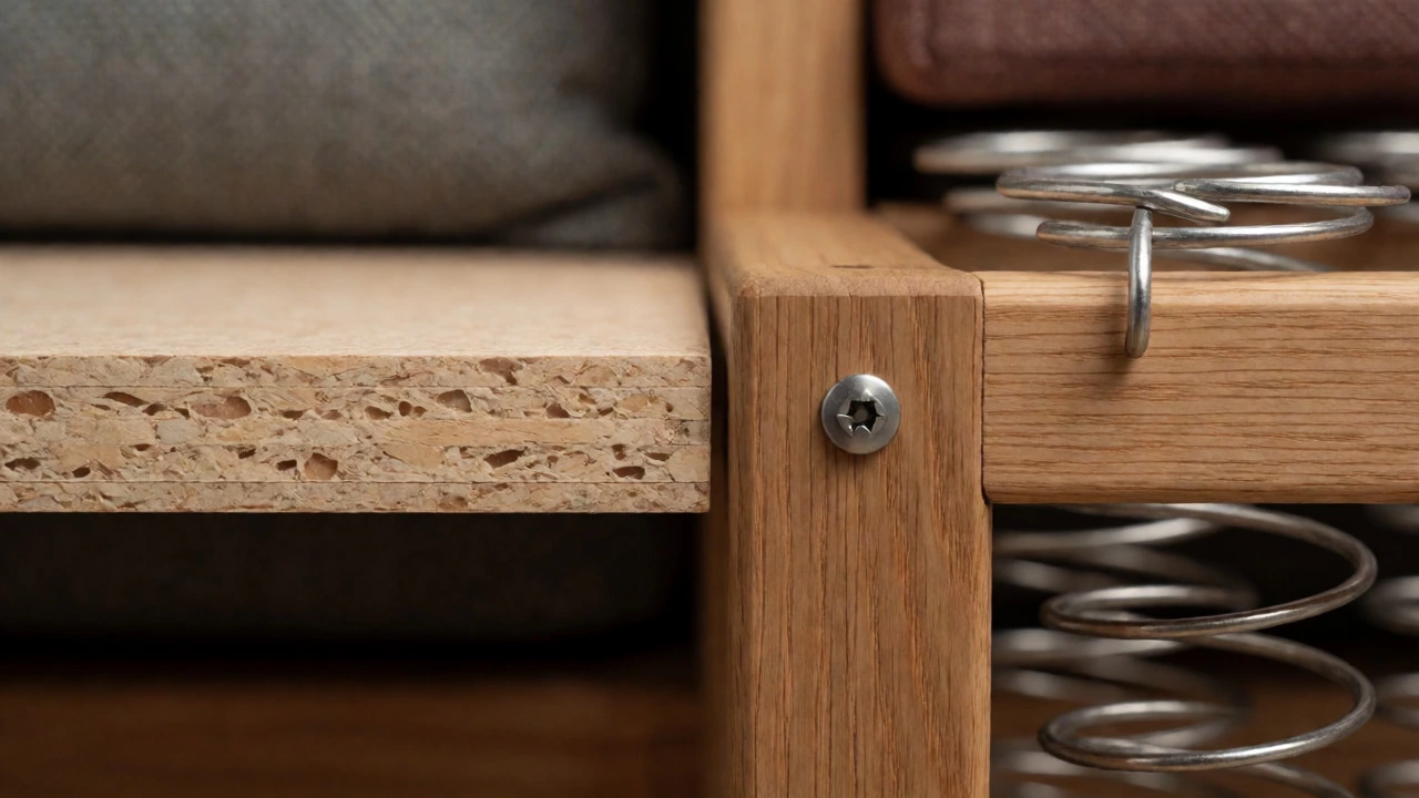 Close-up comparison of premium hardwood joinery and springs versus cheap particleboard construction.