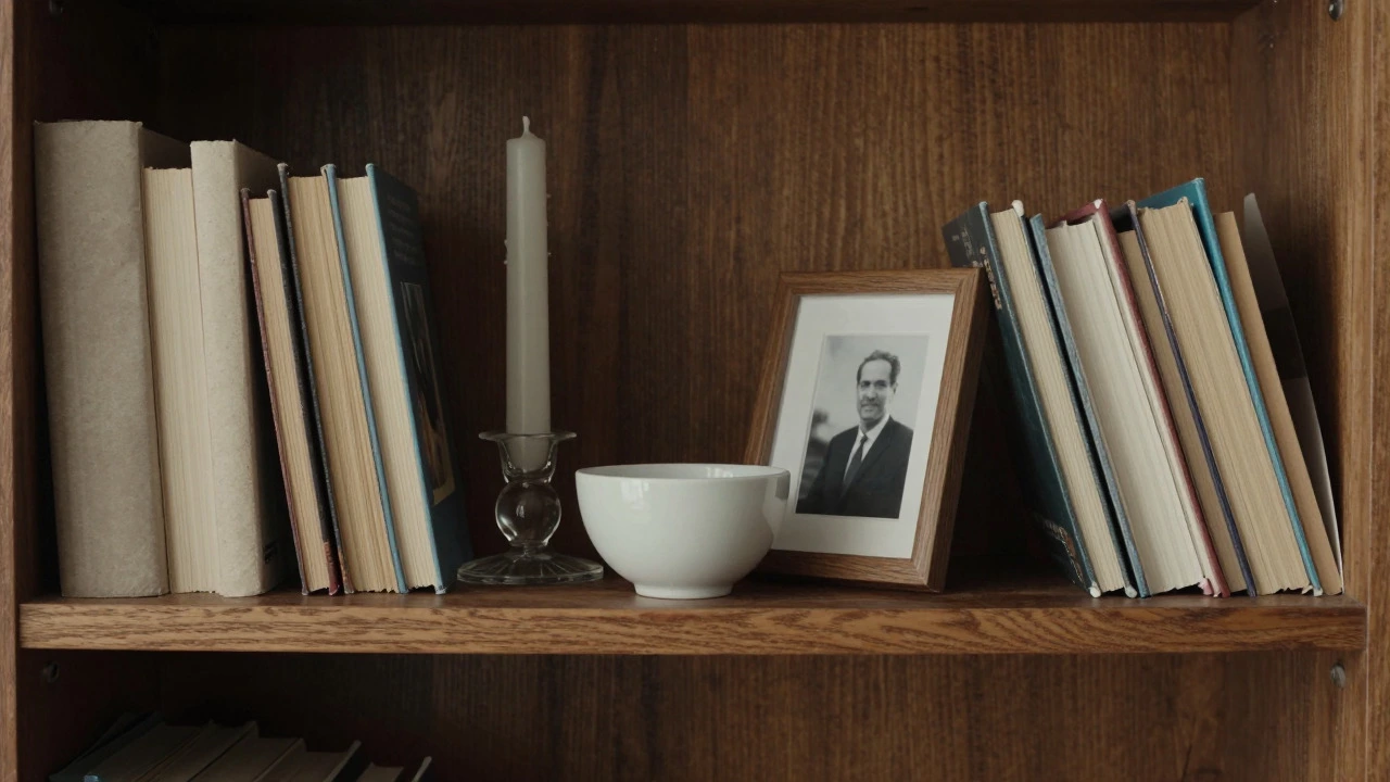 Close-up of shelf grouping three items in a triangle for visual balance and rhythm.