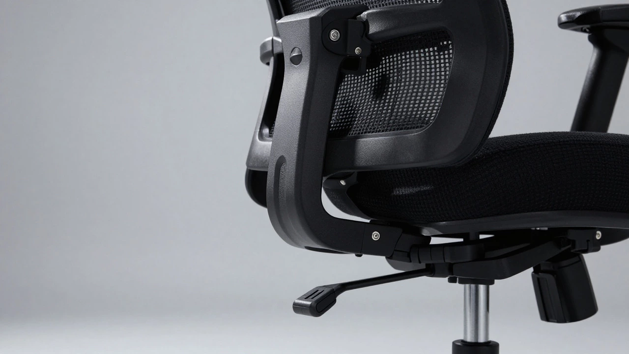 Close-up view of the adjustment levers and mechanical parts of an office chair