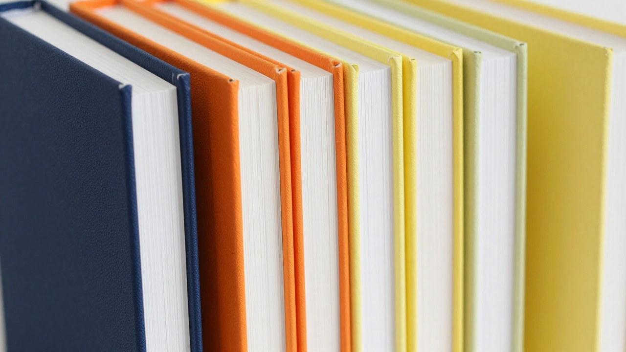 Colorful books arranged by hue with spines hidden, creating a rainbow gradient