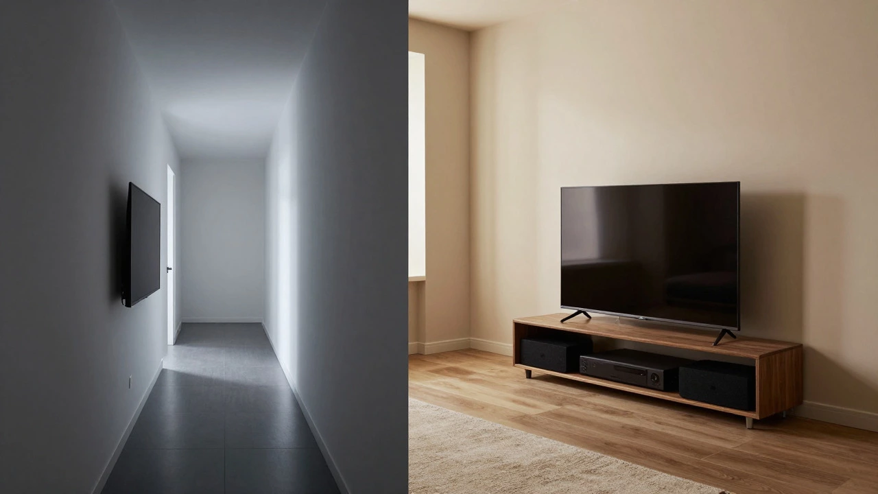 Comparison of wall-mounted vs stand-mounted TV layouts in different rooms