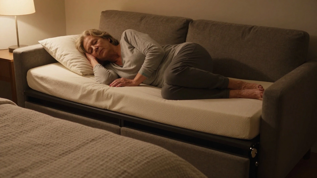 Elderly woman sleeping comfortably on a sofa bed with a foam topper