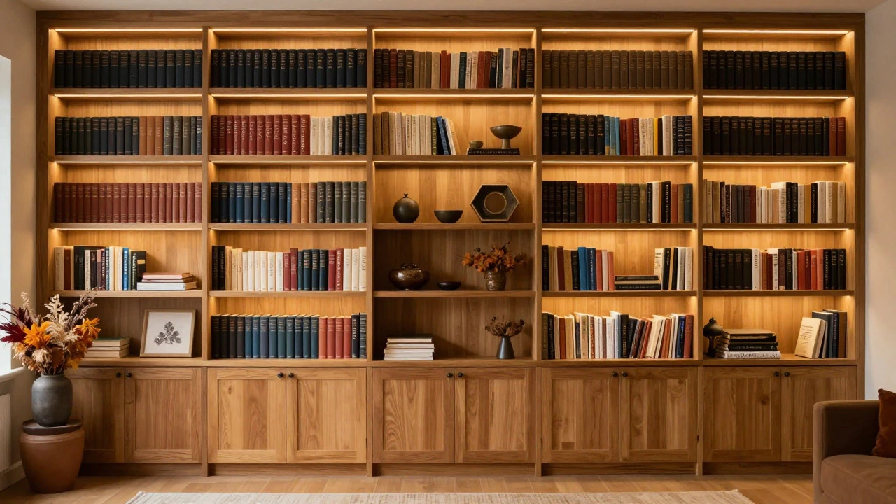 Full bookcase with warm LED lighting showing balanced styling and mixed open shelving.