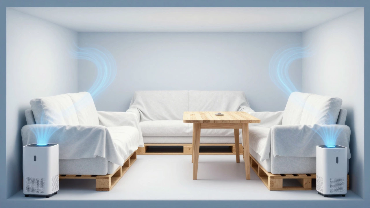 Furniture stored on pallets with breathable covers and a dehumidifier