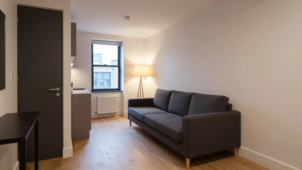Grey L-shaped sofa placed perpendicular to the door in a compact studio apartment