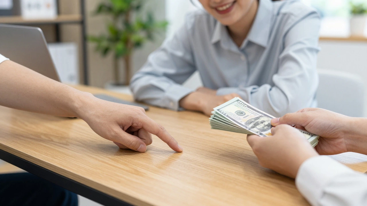 Hands inspecting furniture flaws while offering cash for a discount