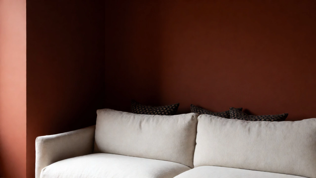 Light oatmeal sofa popping against deep terracotta walls