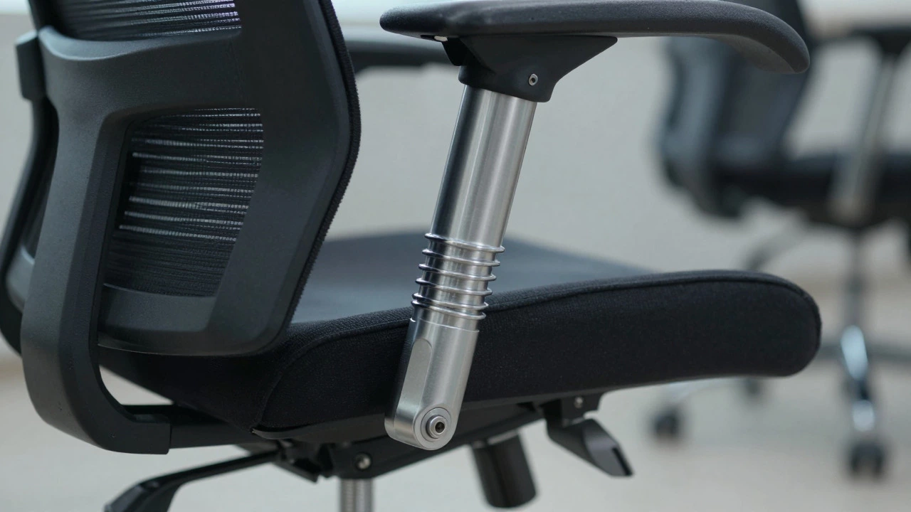 Macro shot of ergonomic chair mechanisms including gas lift and armrests