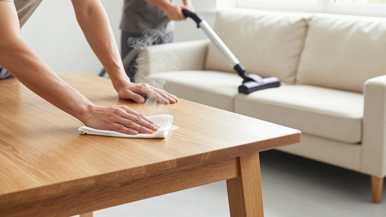 Person cleaning an oak table and vacuuming a sofa before storage