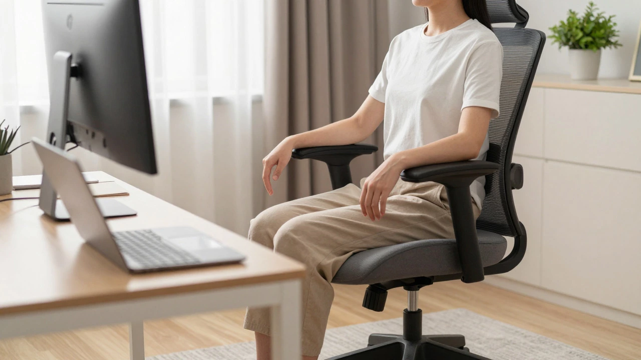 Person sitting with correct posture in an ergonomic chair at a home desk