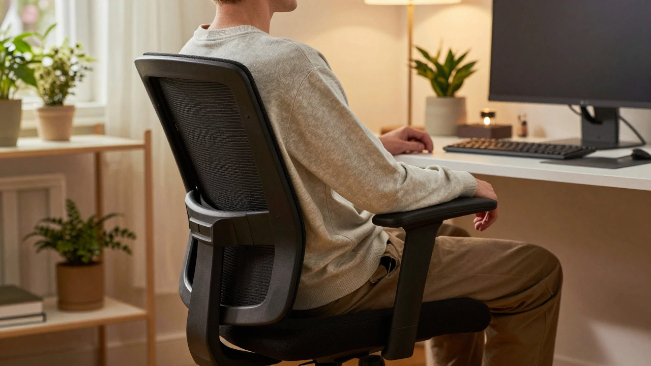 Person sitting with good posture in an ergonomic office chair at a desk