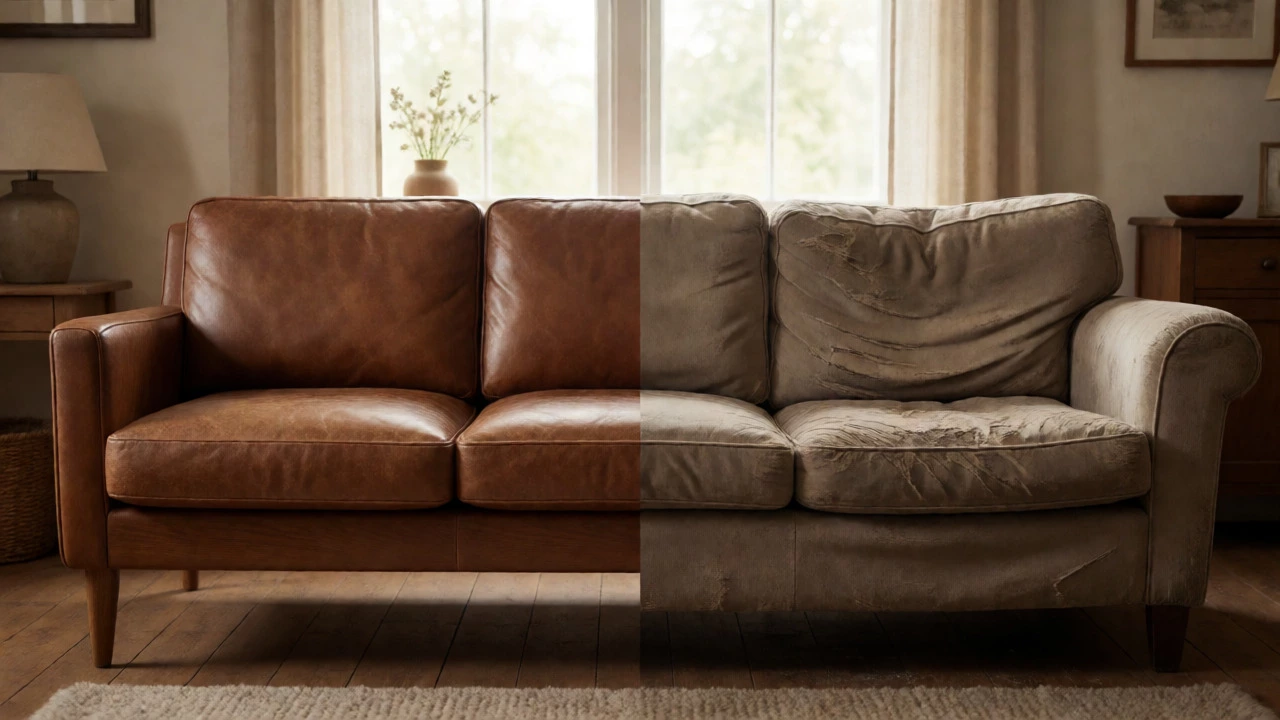 Side-by-side view of a durable long-lasting sofa next to a sagging, worn-out cheap couch.