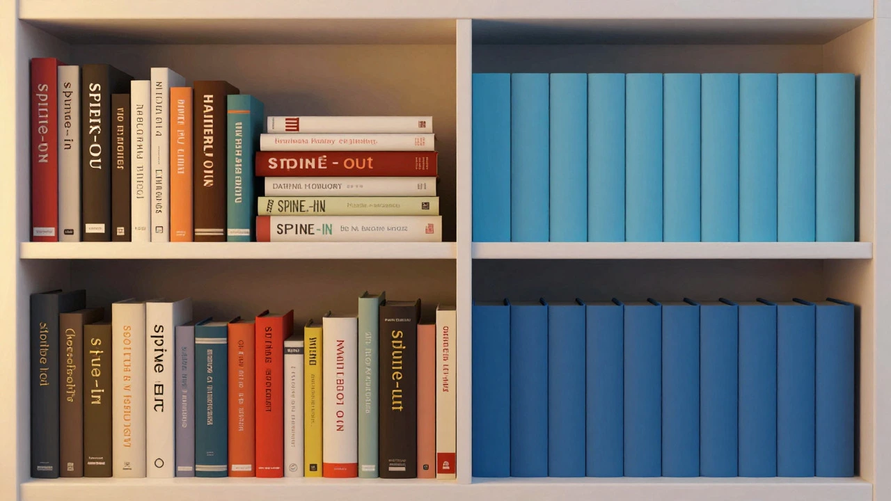 Split view comparing chaotic spine-out shelves with orderly spine-in minimalism