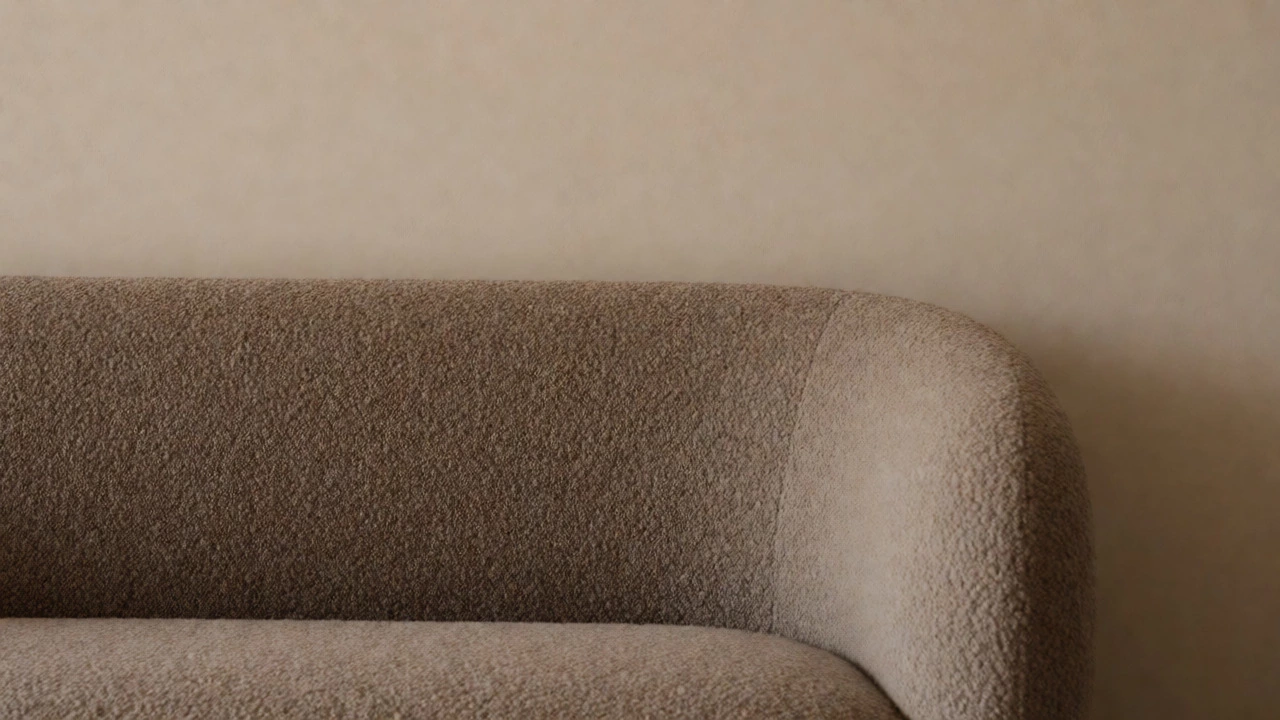 Textural contrast between taupe boucle sofa and beige wall