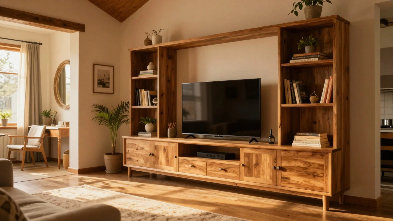 TV on a warm wooden media console anchoring a cozy living room