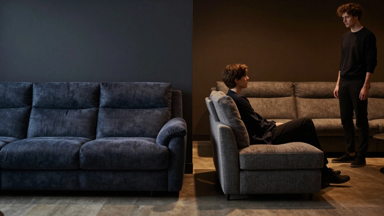 Two contrasting sofas demonstrating deep lounging versus upright seating styles