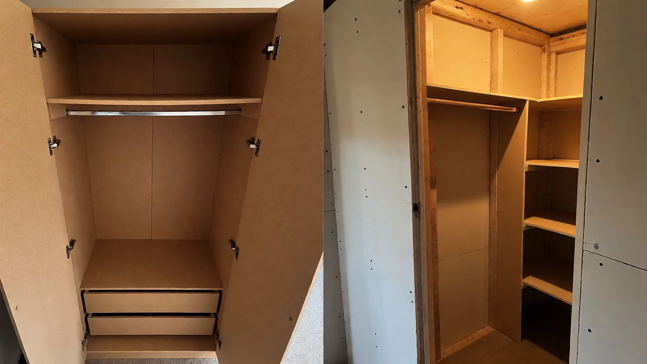 Close-up comparison of internal structures of a freestanding wardrobe and a built-in closet