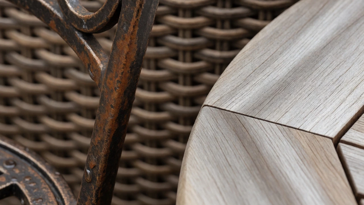 Close-up comparison of rusting wrought iron and weathered teak wood textures in rain.