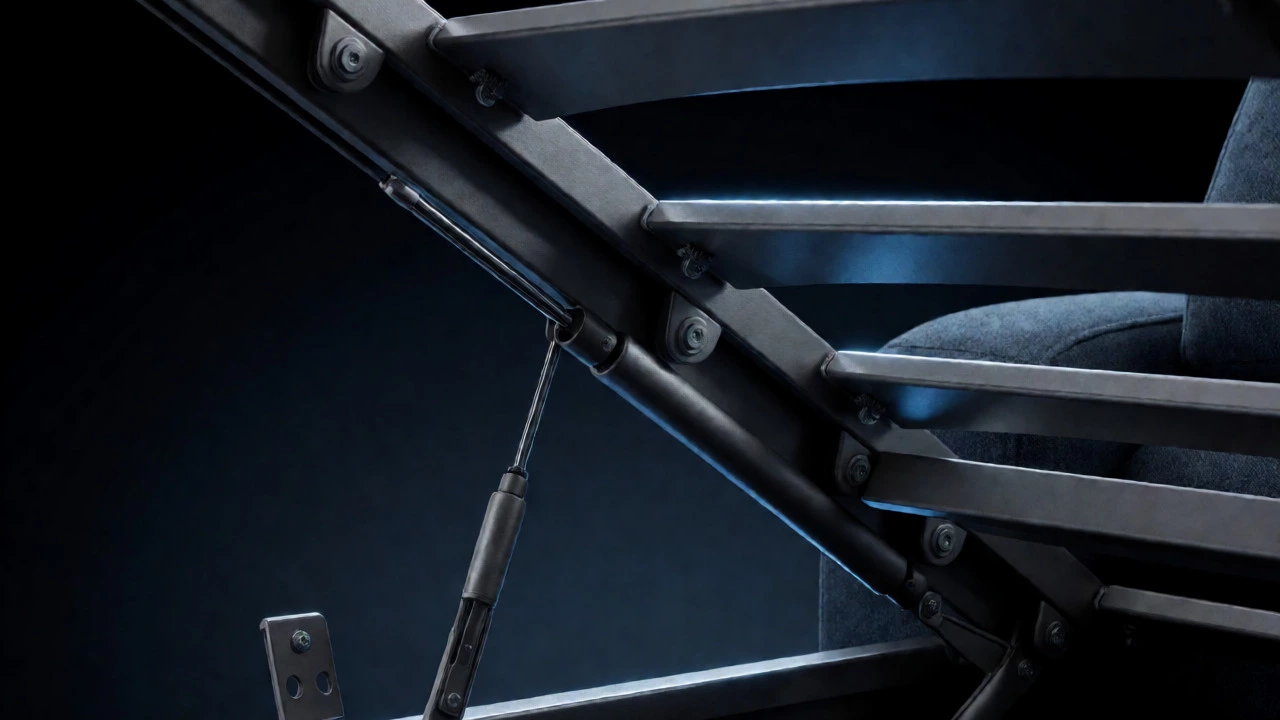 Close-up of heavy-duty steel mechanism and gas struts inside a premium sofa bed frame