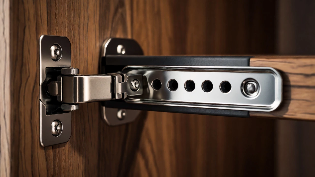 Close-up of premium hydraulic hinges and ball-bearing drawer slides