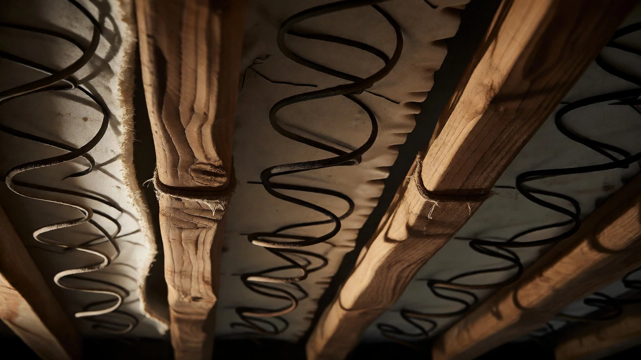 Close-up view of worn sofa springs and wooden frame structure.
