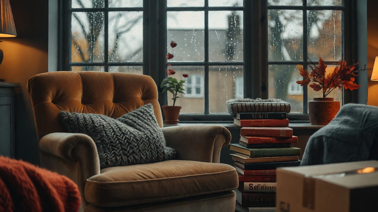 Cozy armchair in a rainy autumn home interior