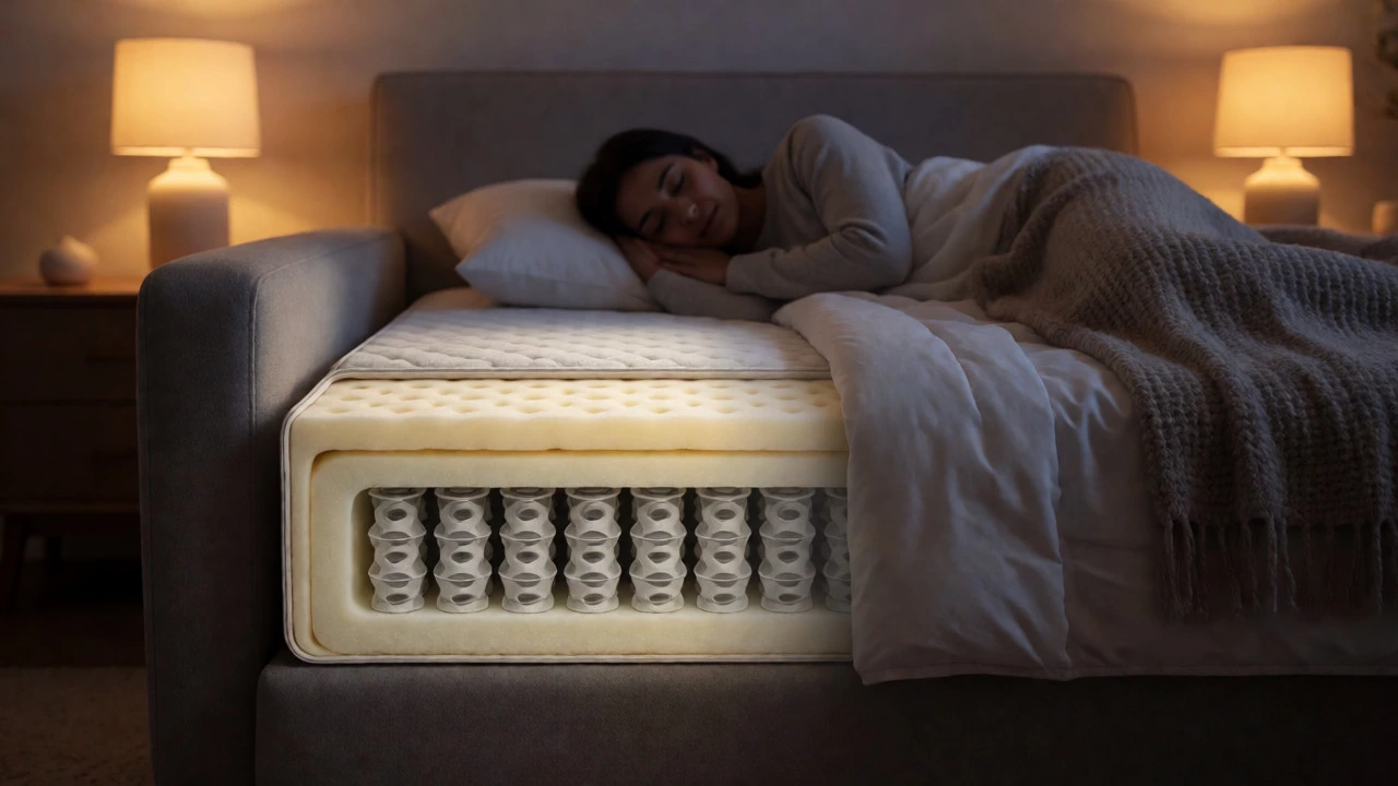 Cross-section of high-density foam and spring mattress alongside a person sleeping comfortably