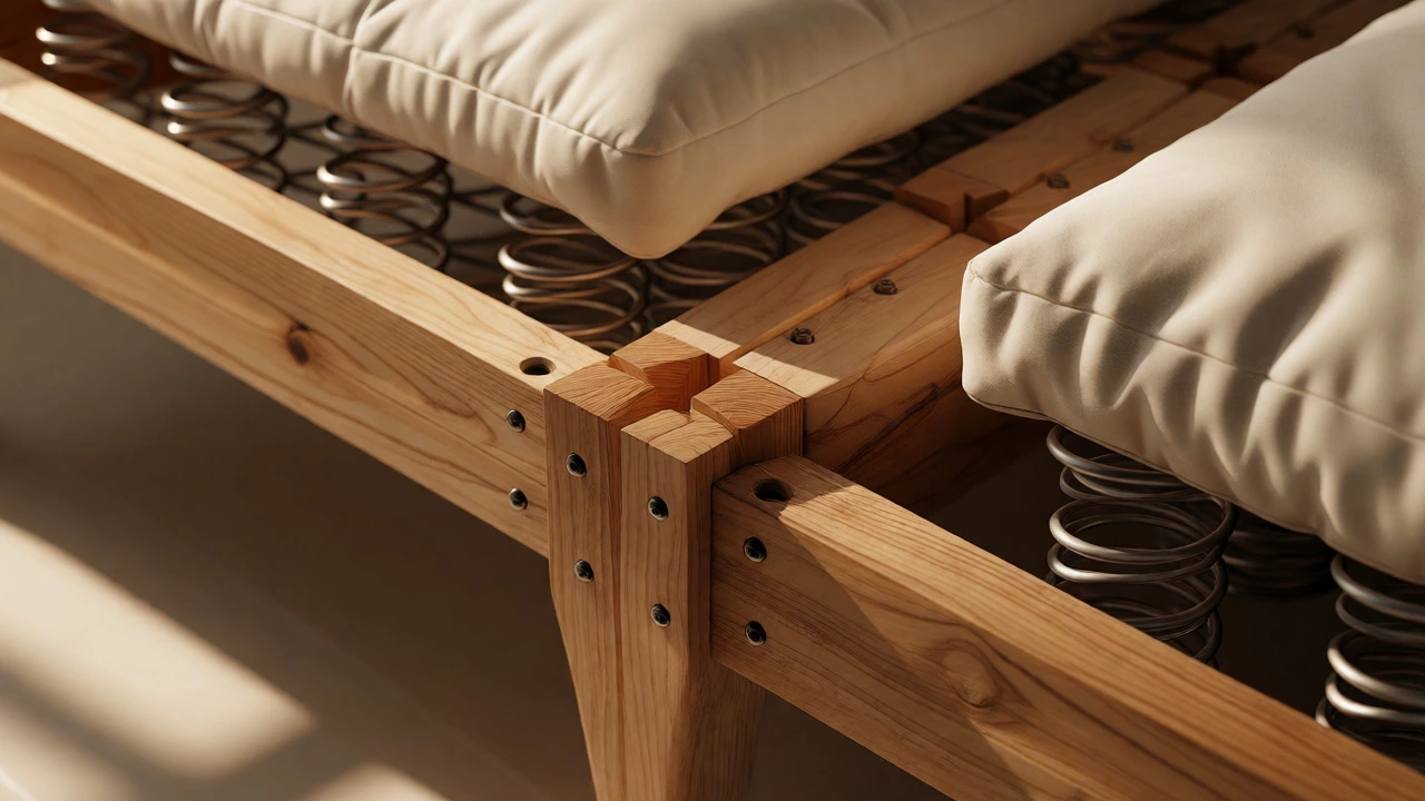 Cutaway view of kiln-dried hardwood frame and spring suspension system