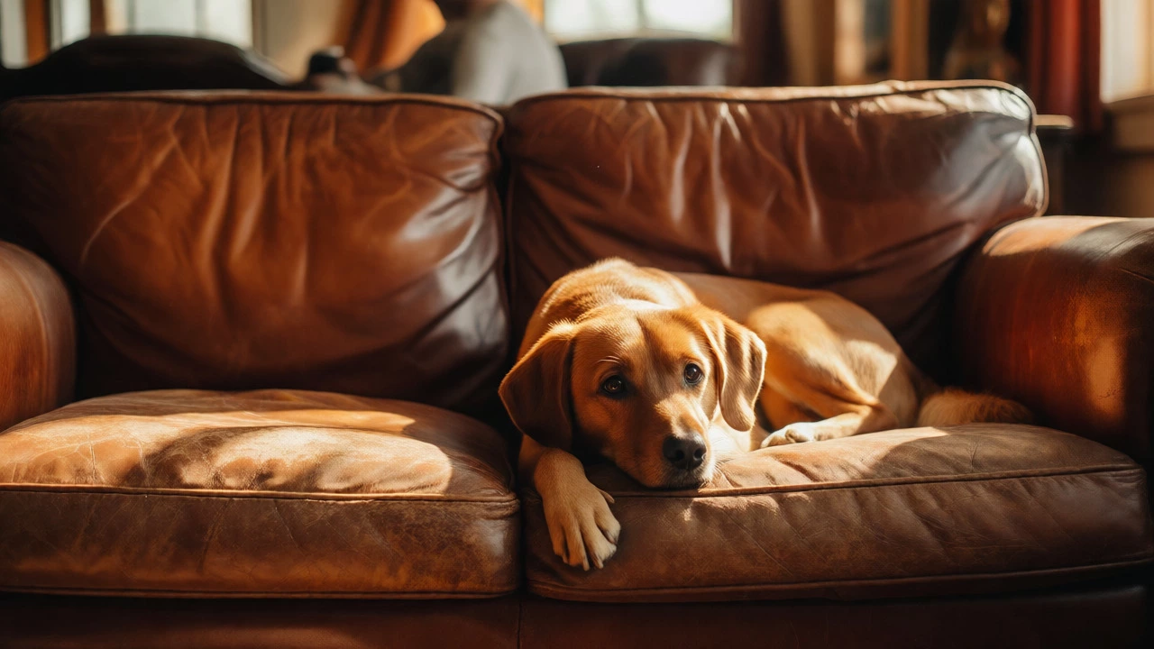 Dog resting on an aged leather sofa with a rich patina in sunlight.