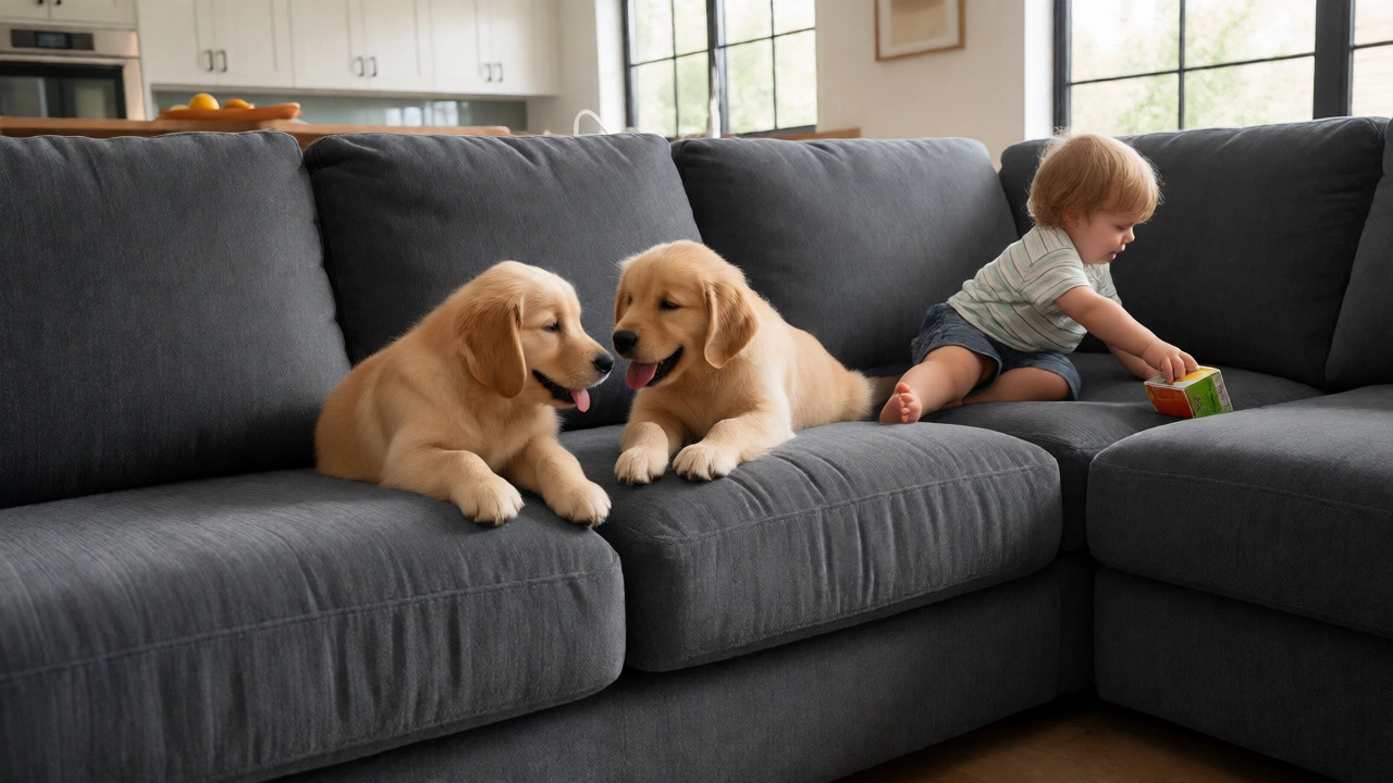 Family and dogs playing on stain-resistant dark grey performance fabric sofa
