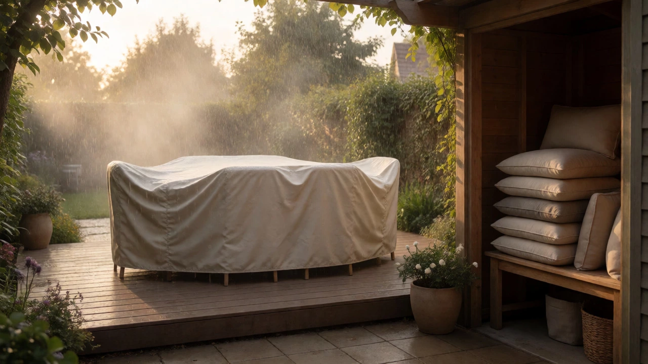 Furniture covered with a protective tarp on a rainy patio with stored cushions nearby.