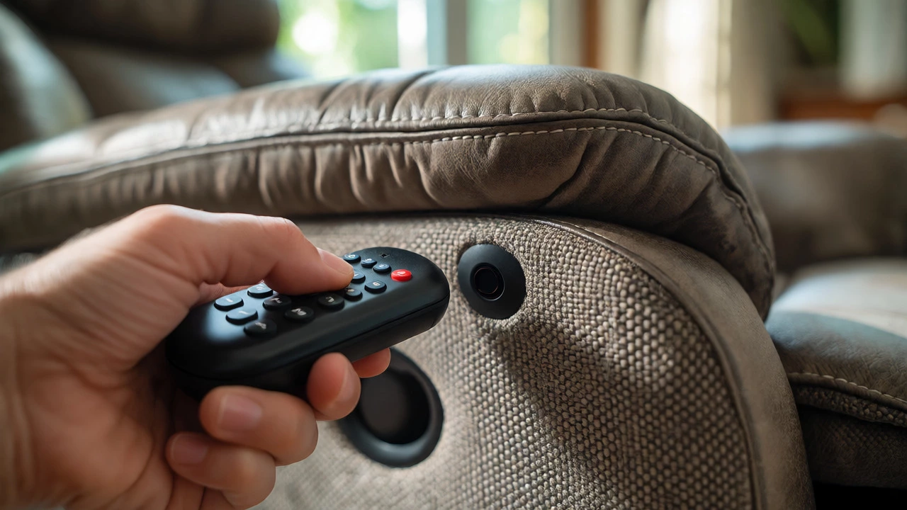 Hand pointing a remote control at the sensor under a recliner armrest.