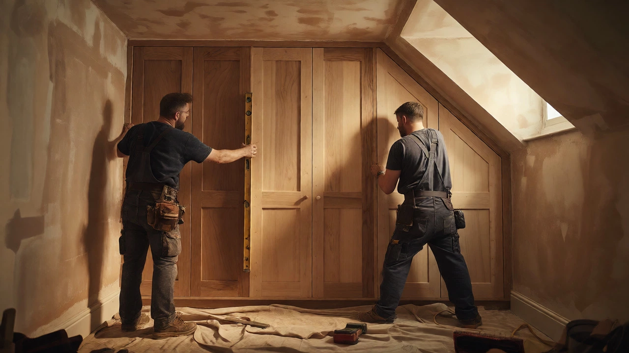 Joiners installing a custom fitted wardrobe against uneven bedroom walls