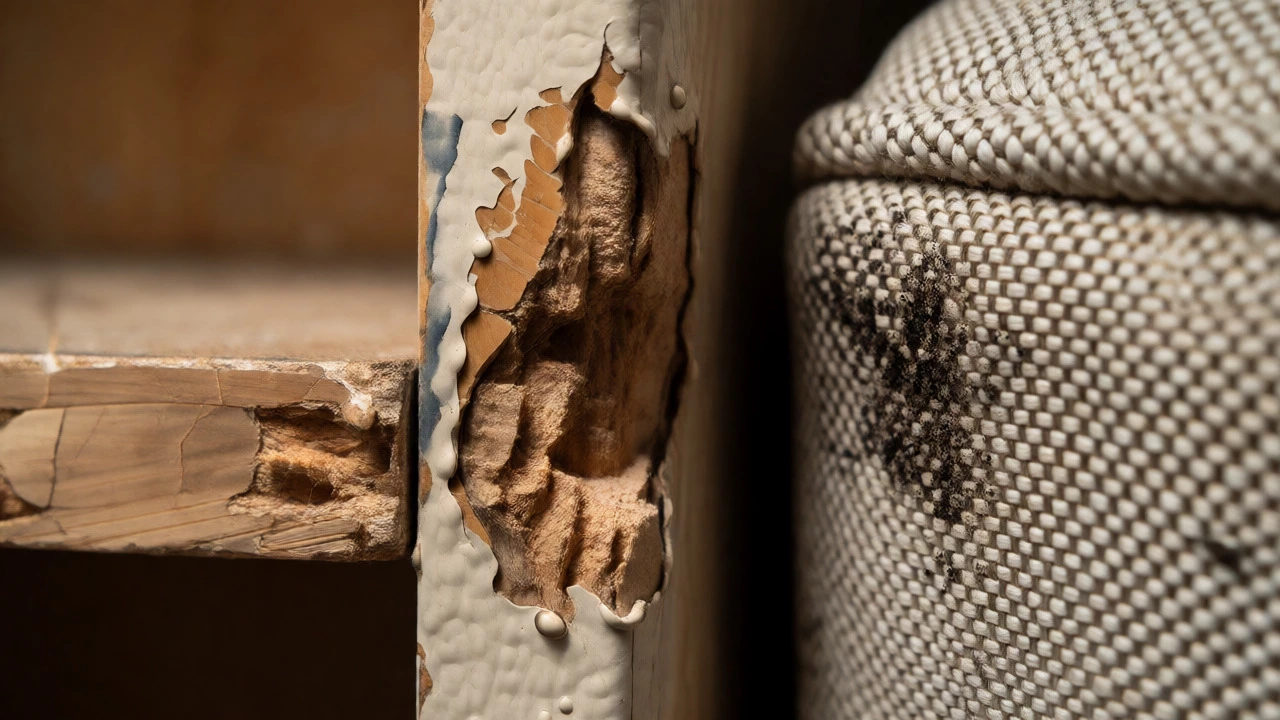 Macro shot of swollen MDF wood and moldy fabric showing moisture damage from poor storage.