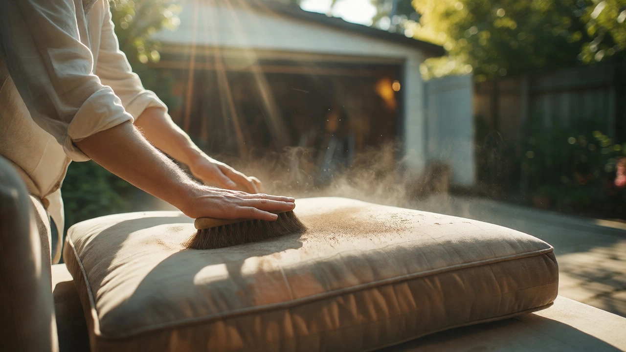 Person brushing dust off sofa cushions outdoors after storage