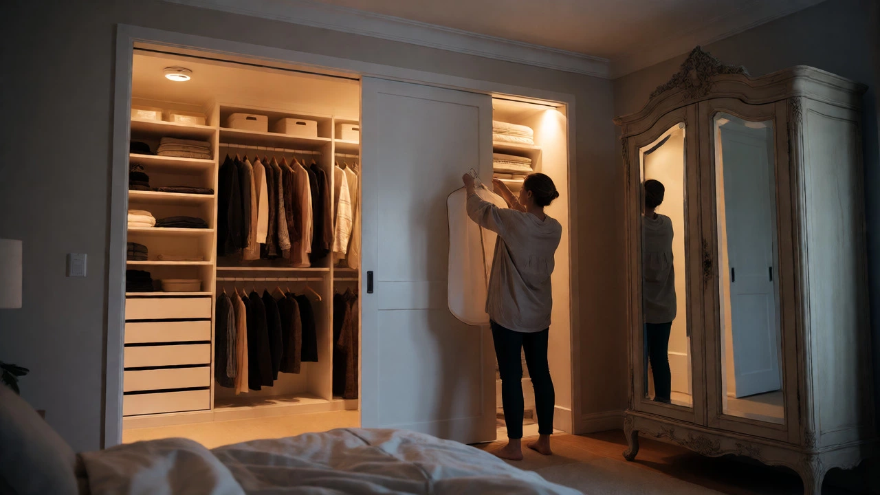 Person organizing a walk-in closet with an antique armoire nearby in a master bedroom