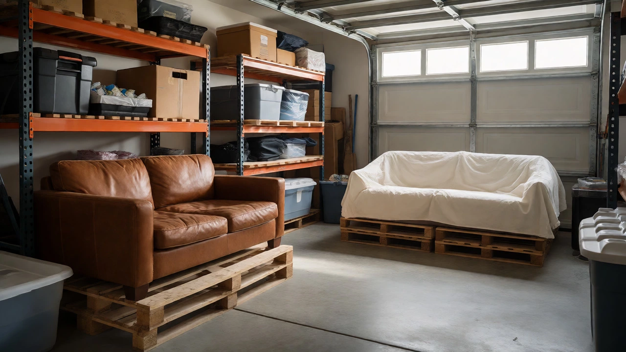 Properly stored furniture elevated on pallets and covered in breathable canvas in a dry garage.