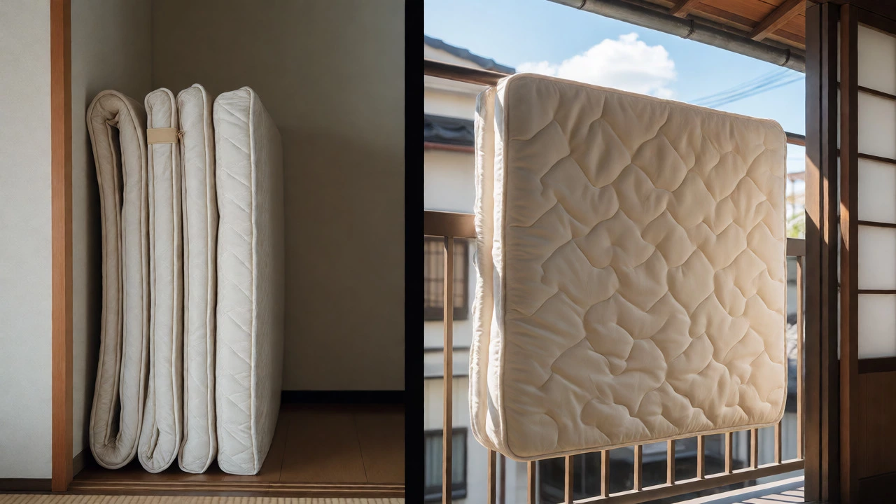 Shikibuton being aired out in sunlight for maintenance