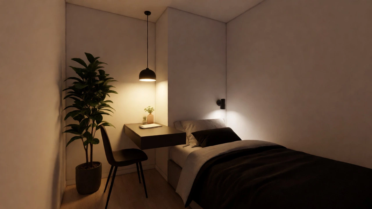 Small bedroom with bed and desk zoned perpendicularly for distinct functions