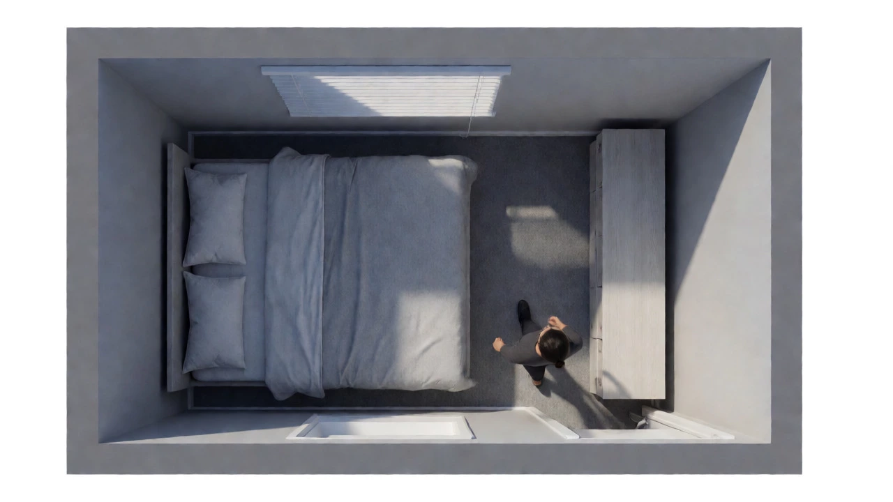 Top-down view showing 30-inch clearance between bed and dresser