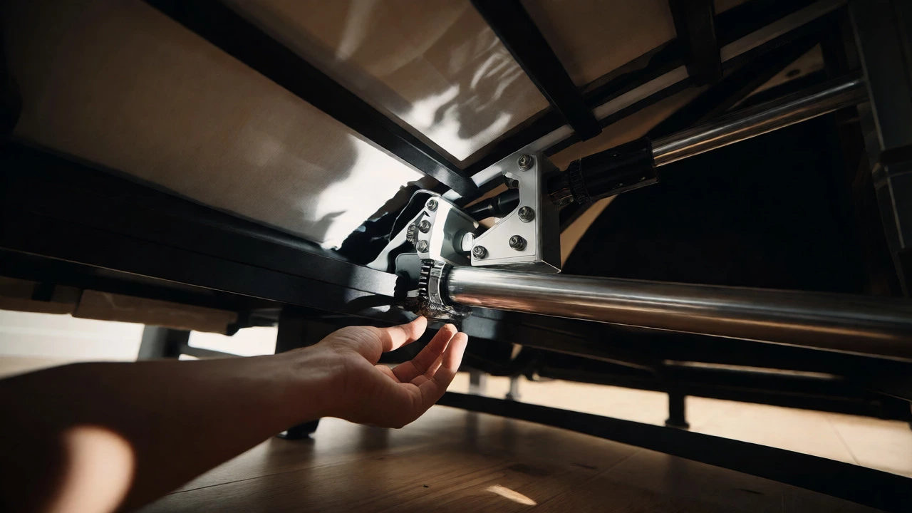 View of the linear actuator and metal rails under an electric recliner.