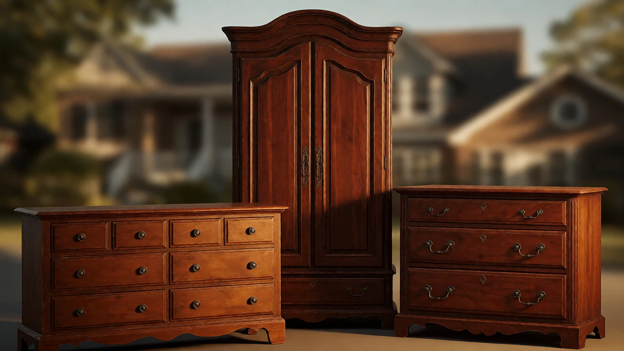 Armoire, dresser, and chifforobe arranged in a room