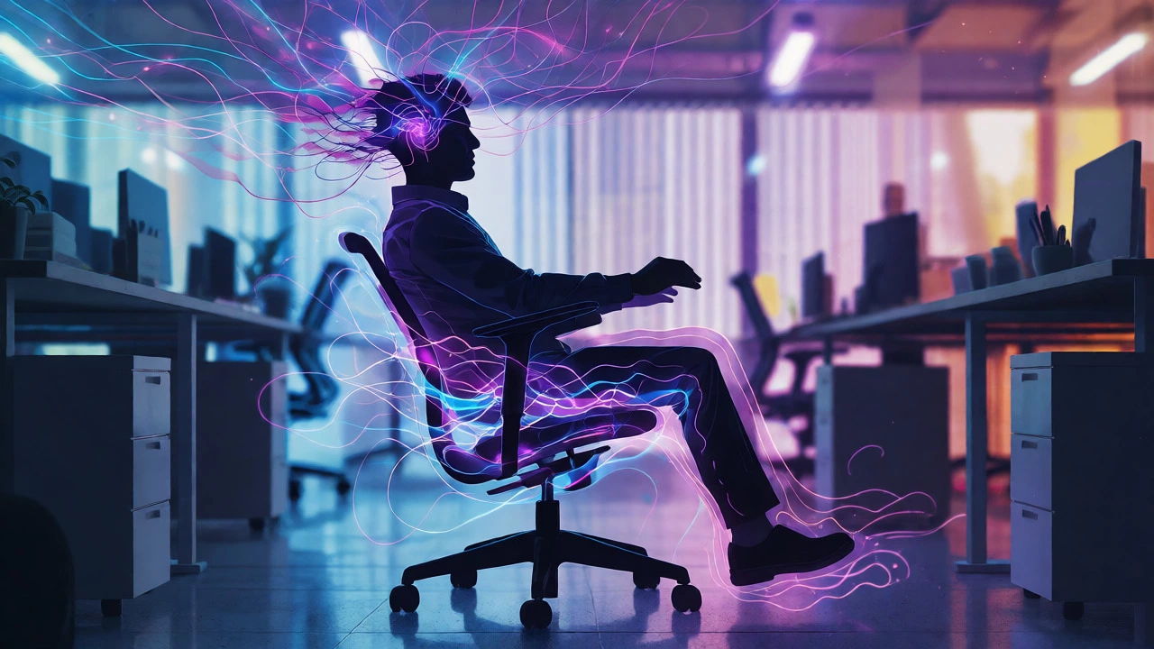 Artistic visualization of a person rocking in a chair with glowing neural pathways representing focus.