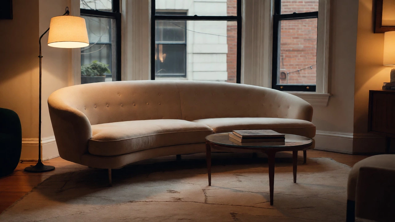 Asymmetrical living room layout with a coffee table shifted to clear a bay window view