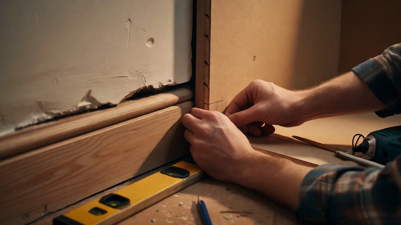 Carpenter scribing a shelf to fit around a Victorian skirting board