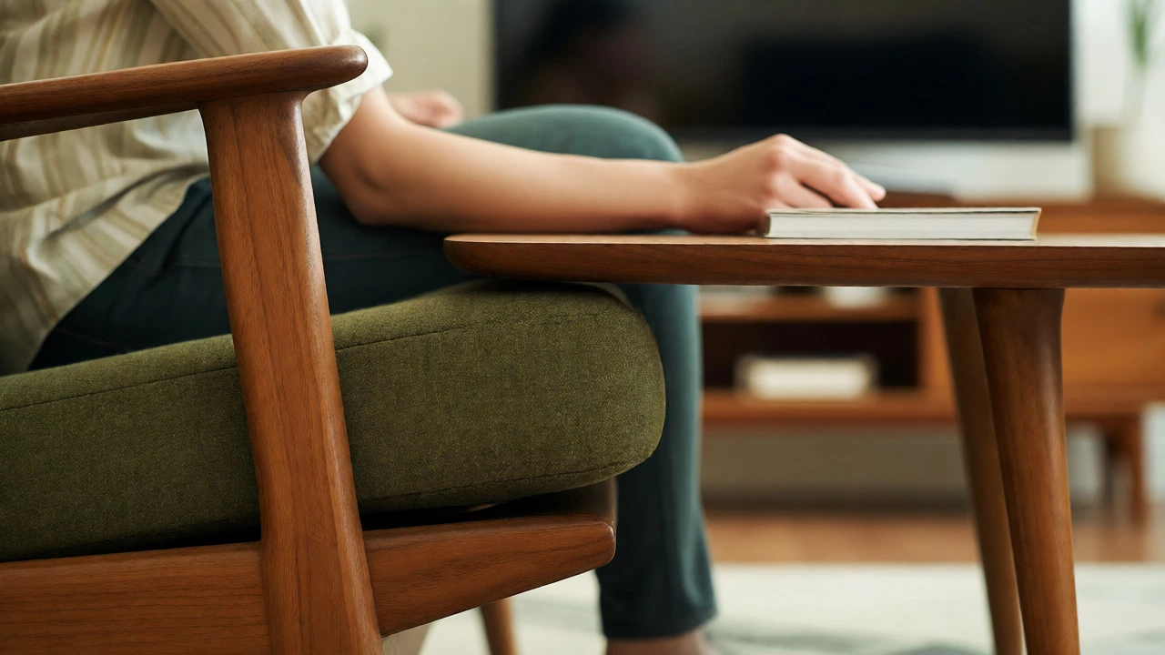 Close-up of a sofa seat cushion aligned perfectly with a coffee table height to ensure ergonomic comfort.